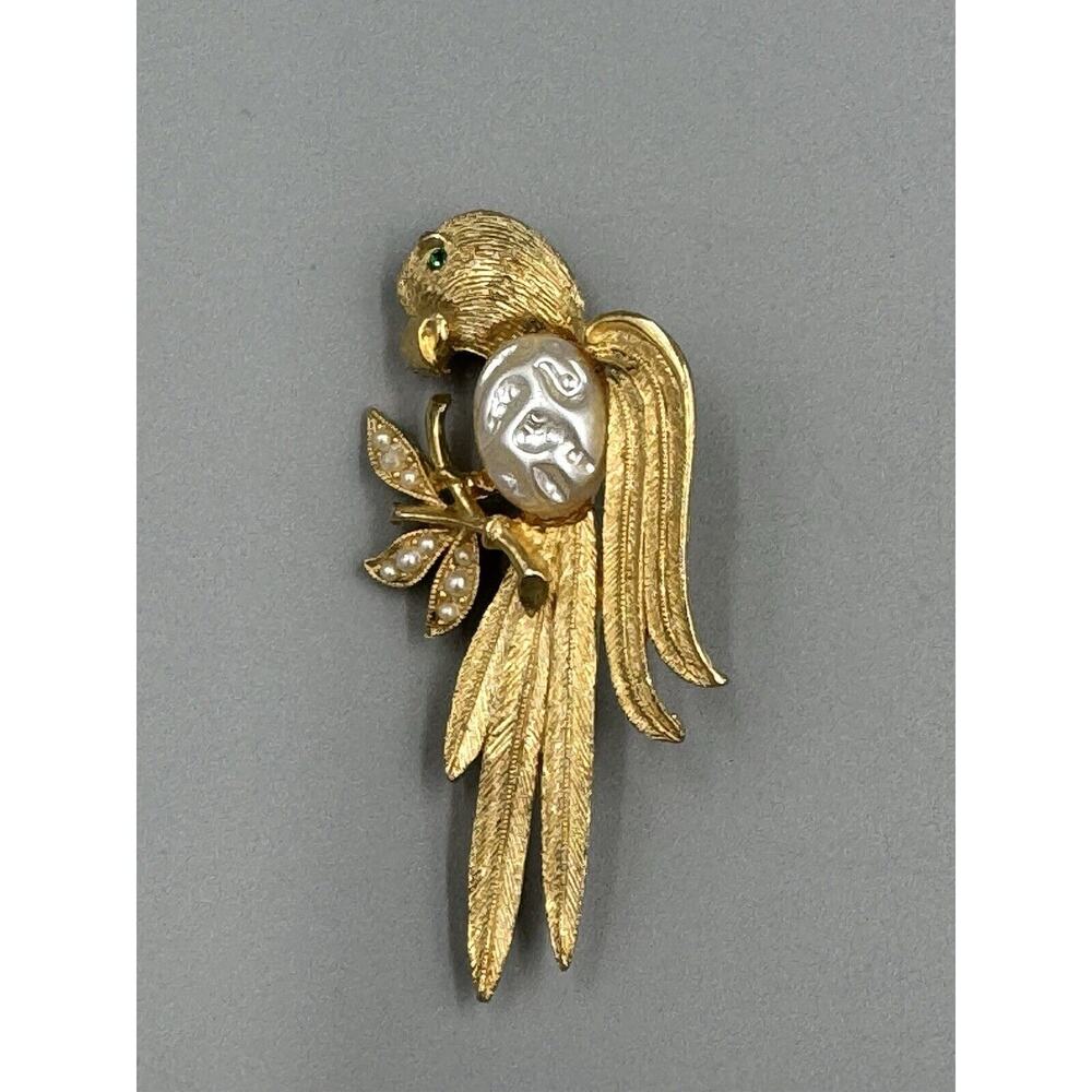 Gold Colored Parrot Bird Holding Leaf Branch JJ Jonette Brooch Jewelry